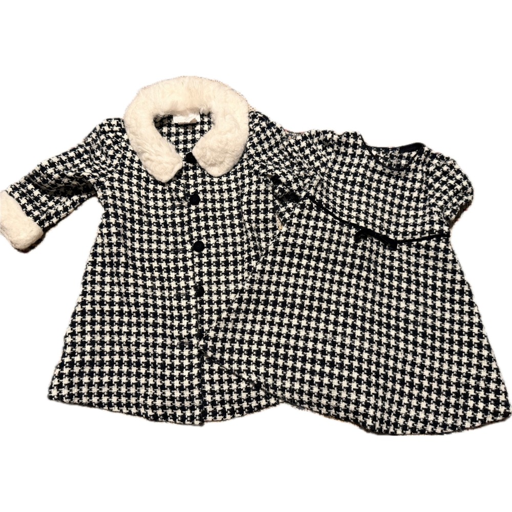 Bonnie Baby Girls Houndstooth Dress and Coat Set Faux Fur Trim Black White 3T